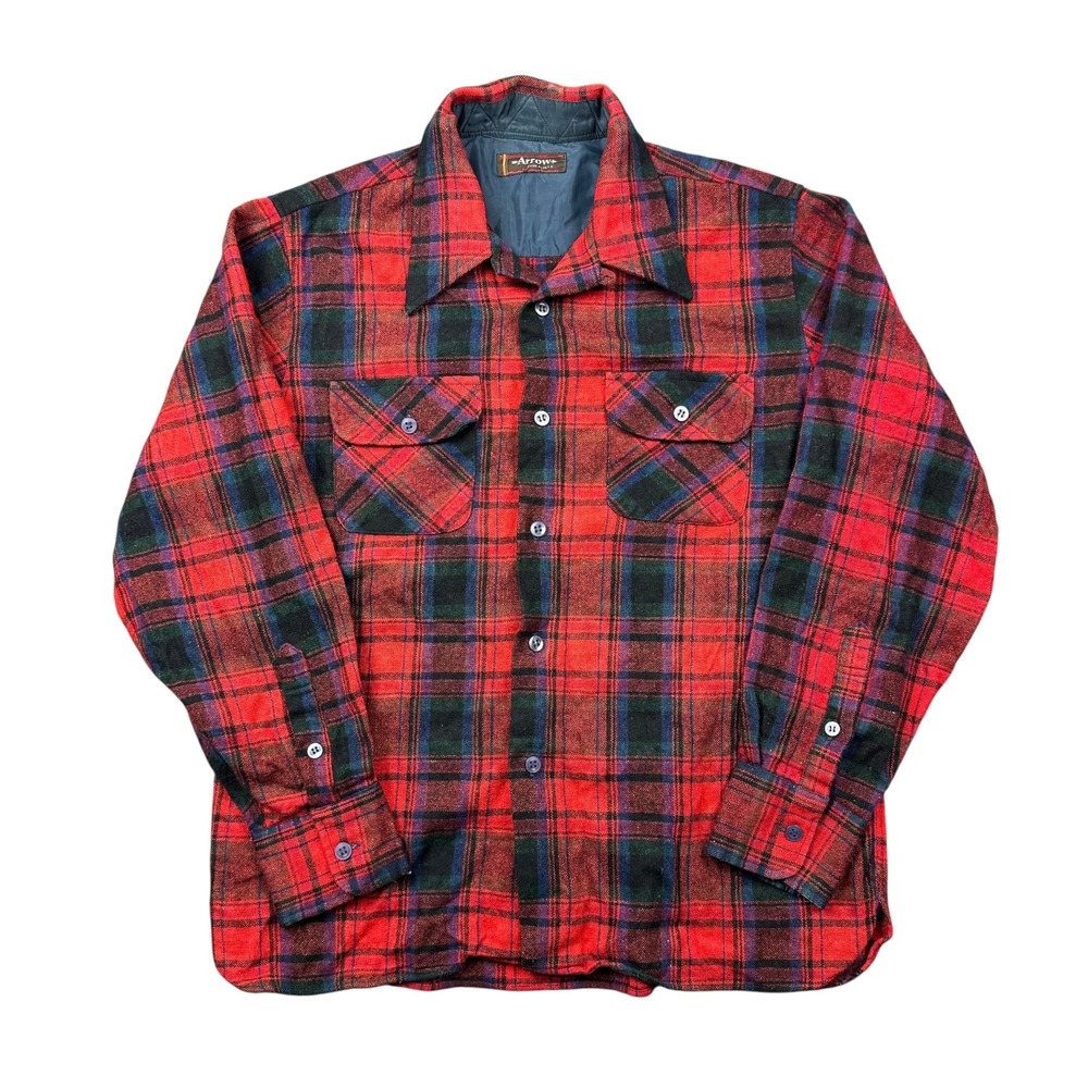 Vintage 90s Arrow Flannel Shirt Men Medium Loop Camp Collar Wool Blend Board